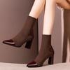 Women's Mesh Stretch Fabric Square Heel Nude Boots Pointed Casual Boots Women's Boots