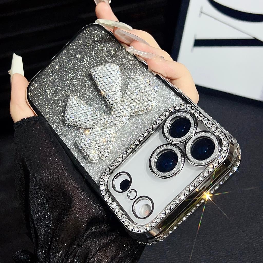 Glitter Diamond Bowknot Cover For iPhone 17 Pro Max Camera Film Protector Cases For iPhone 16 Pro 15 Plus 14 Pro 13 Luxury Case