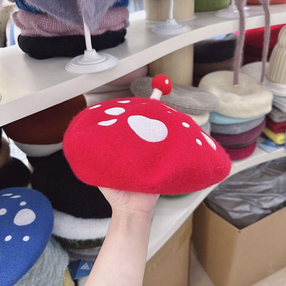 British Style Mushroom Wool Beret Woolen Cute Painter Hat Personality Octagonal Hat Autumn