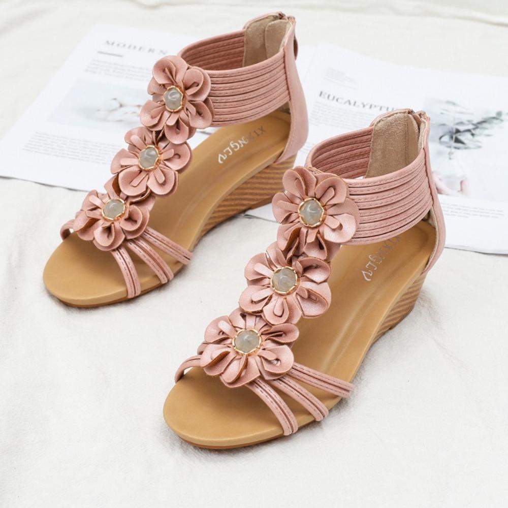 New Summer Women Bohemian Ethnic Wedge Platform Roman Sandals, Floral Design For Dress Matching