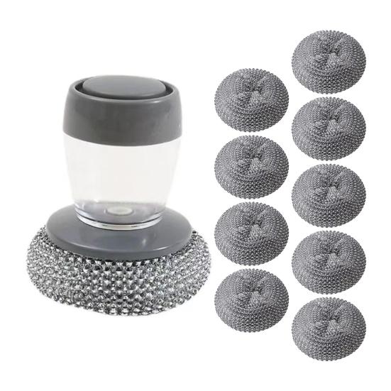 Automatic Liquid Washing Brush with Replaceable Head Built-in Soap Dispenser Ergonomic Design Pot Brush Kitchen Cleaning Tool