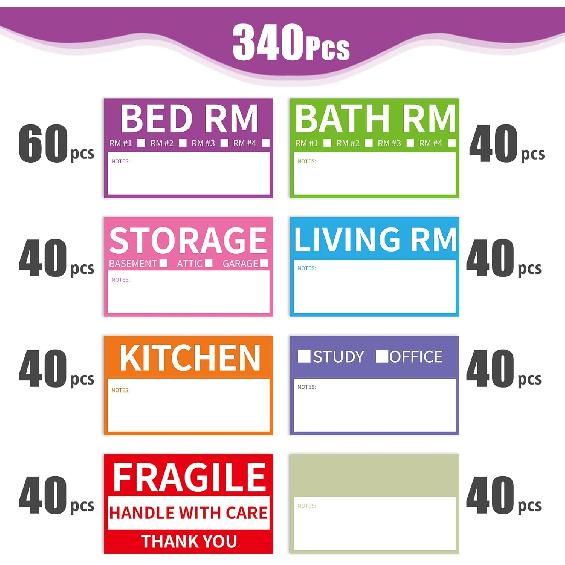 340 Home Moving Labels, 3.4 x 2 inches, 8-Color Coded Packing Box Stickers with Fragile and Blank izable Labels
