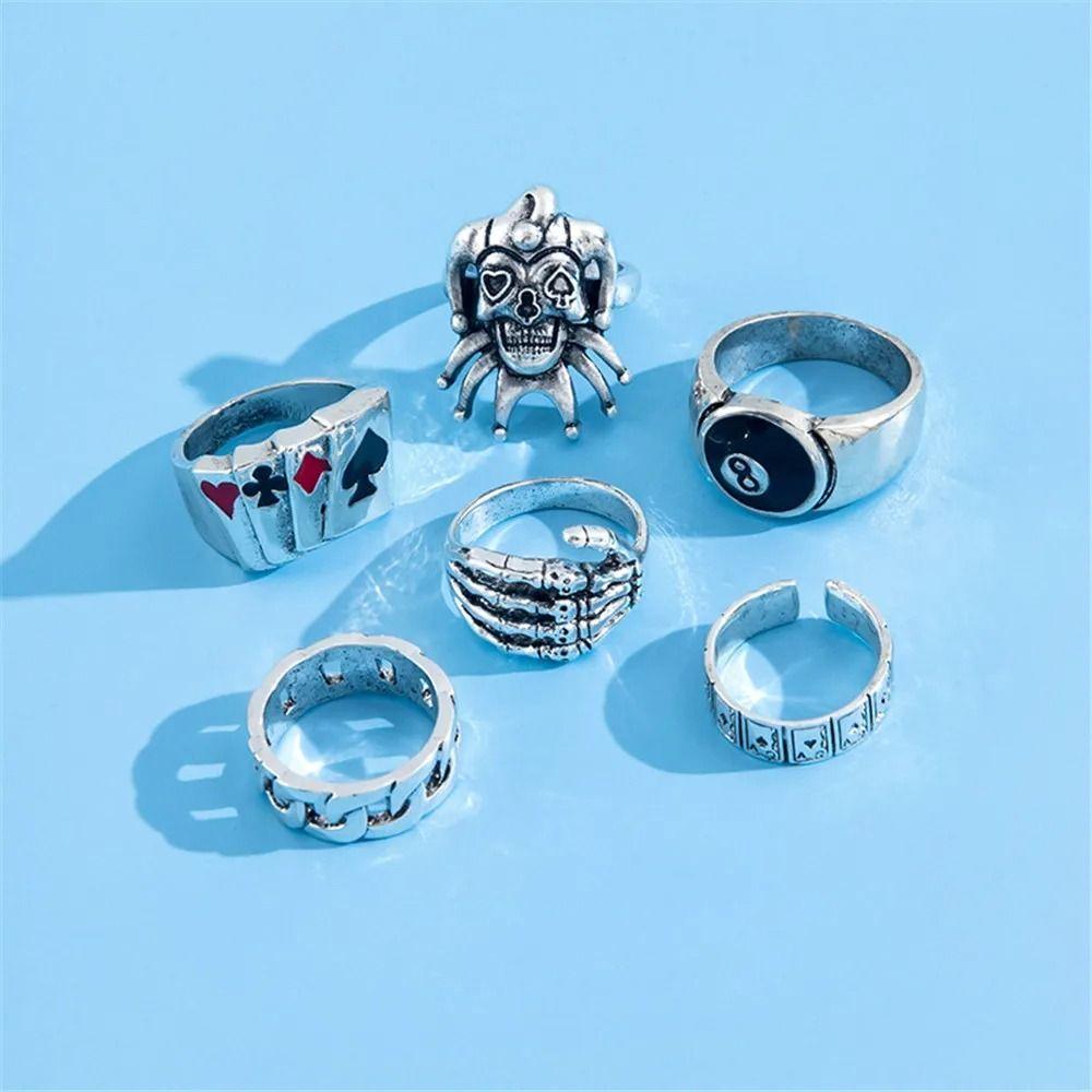 6 Pcs Alloy Silver Color Rings Retro Style Skull Spider Combination Ring Poker Rings Set Man