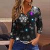 Women's Fashionable Casual Christmas Printed V-neck Three-quarter Sleeve Decorated Button Top