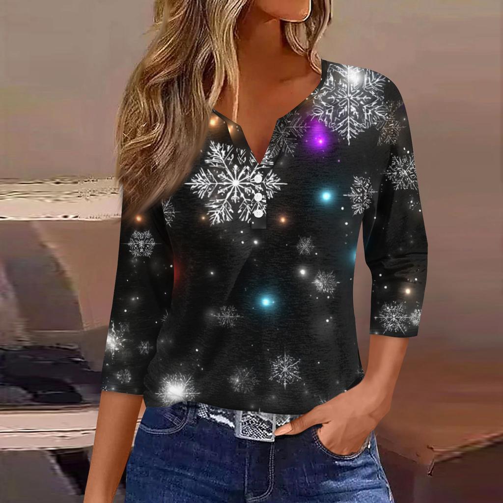 Women's Fashionable Casual Christmas Printed V-neck Three-quarter Sleeve Decorated Button Top