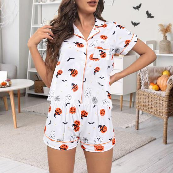 Women's Halloween Pajamas Sets 2 Piece Ghost Pumpkin Print Shirts And Shorts Pjs Lounge Set Button Down Short Sleeve Sleepwear