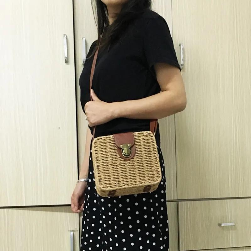 Yogodlns Летняя соломенная сумка через плечо, тканая сумка через плечо ручной работы, маленькая квадратная сумка, пляжная сумка, женская сумка для покупок, отпуск