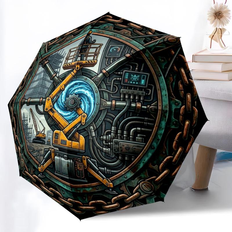 Industrial Gear Mechanism pattern umbrella, portable and foldable design, 8 ribs, a casual accessory for Halloween, Christmas, and birthday gifts.