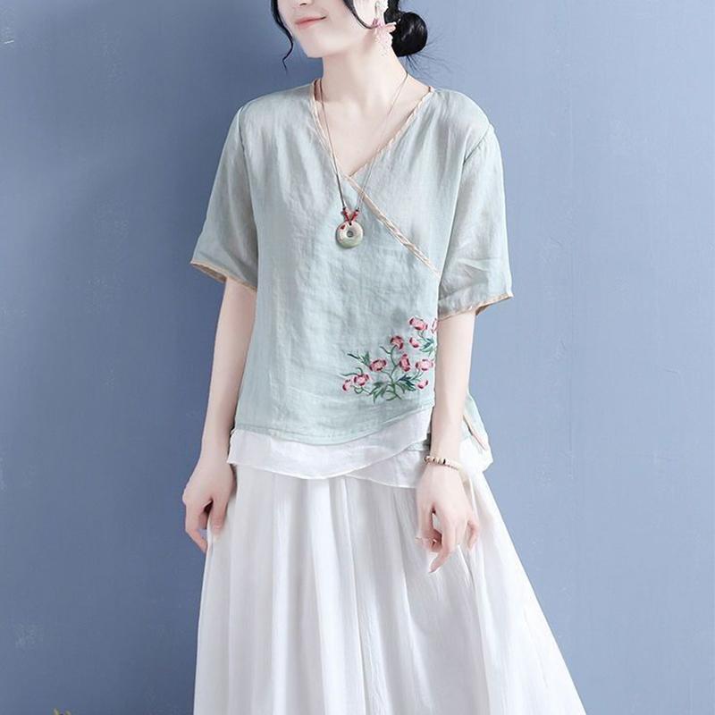 Женская свободная повседневная хлопковая льняная универсальная кофта-пуловер, женская блузка, летняя литературная винтажная вышитая рубашка с коротким рукавом