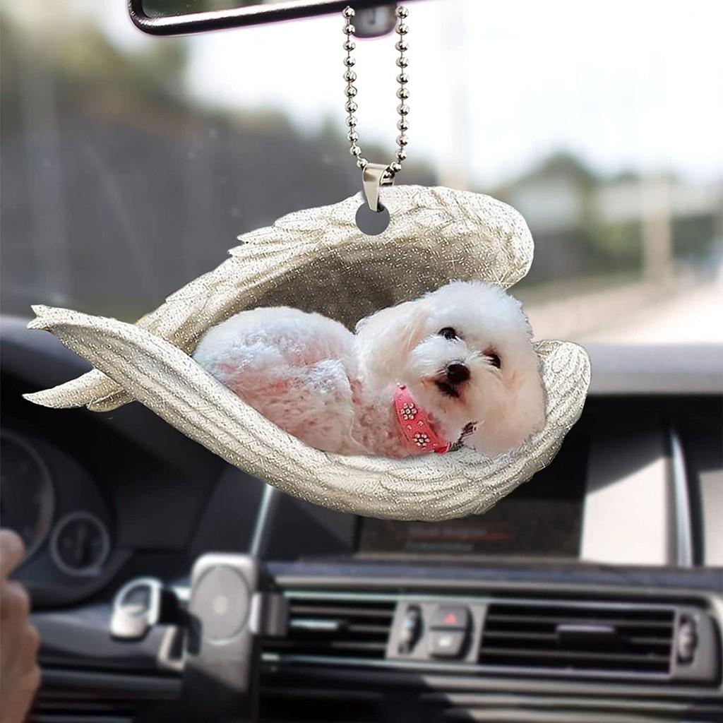 Cute Acrylic Car Mirror Pendant With Angel Wings Perfect For Dog Lovers Gifts