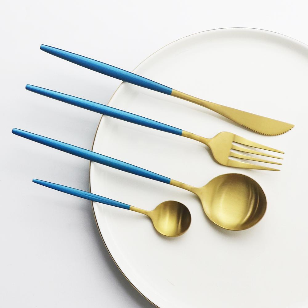 4Pcs Pink Gold Dinnerware Set Blue Gold Matte Cutlery Set Stainless Steel Tableware Set Fork Knife Spoon Silverware Flatware Set