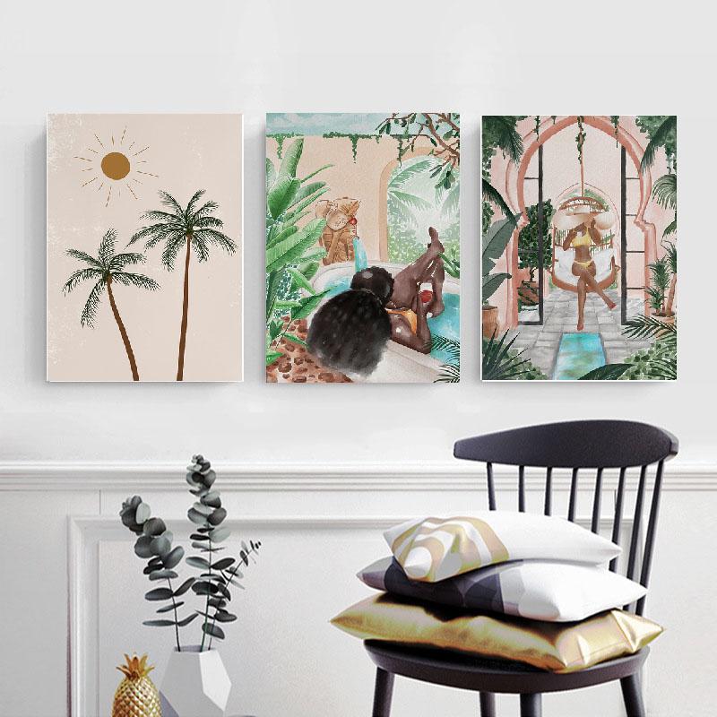 Tropical Summer Woman Art Boho Chic Watercolor Jungle Print Canvas Painting Living Room Bath Wall Home Decor Poster Pictures