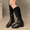 Женские высокие сапоги на среднем каблуке, дизайнерские кожаные туфли до колена, тренд 2024 года, зимние массивные мотоциклетные ботинки, новая мода, Botas Mujer
