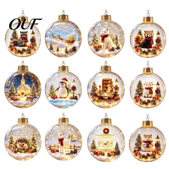 Winter Theme Party Supplies 3D Christmas Animal Faux Crystal Ball Ornament, Lighted Acrylic Hanging Decor Indoor Accents with Hedgehog Penguin Panda,