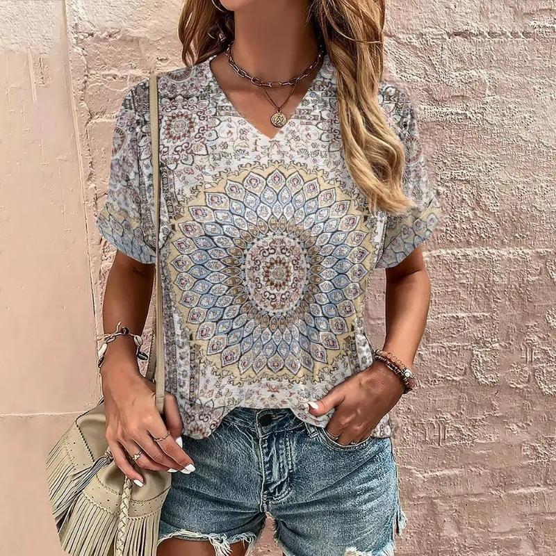 Женская футболка Boho Harajuku с графическим принтом, летние повседневные топы с коротким рукавом, уличная мода, футболка с V-образным вырезом, женская одежда, футболки женские