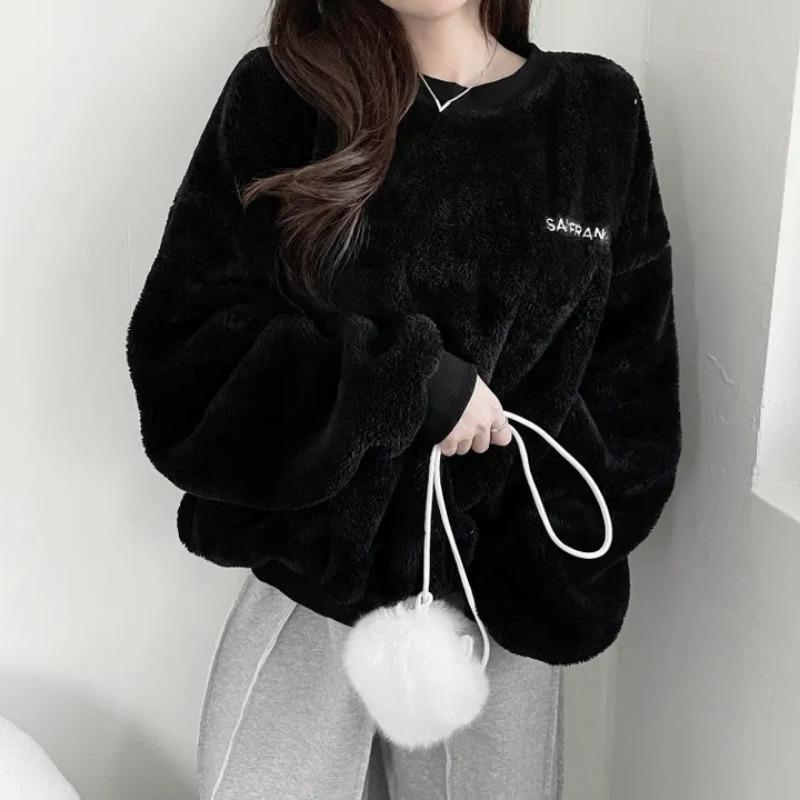 Women S Loose Round Neck Fleece Sweatshirt Casual Winter