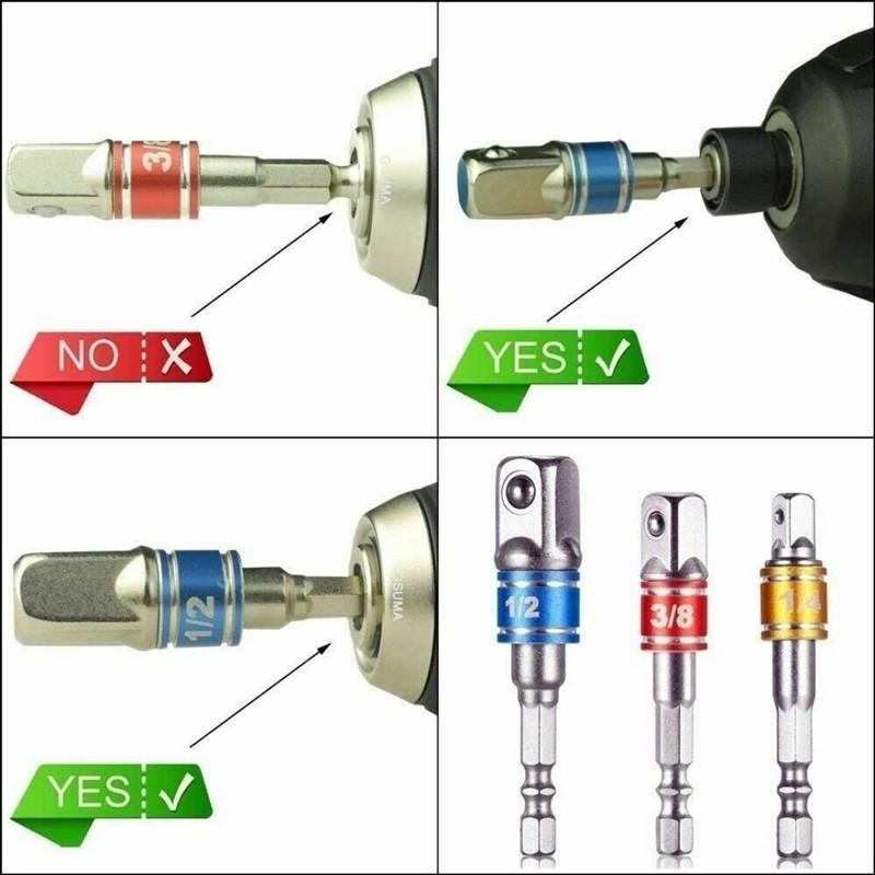Набор из 3 алюминиевых колец, стальных шариковых удлинителей, адаптеров для торцевых ключей с шестигранным хвостовиком на квадратную головку, 1/2", 3/8", 1/4".
