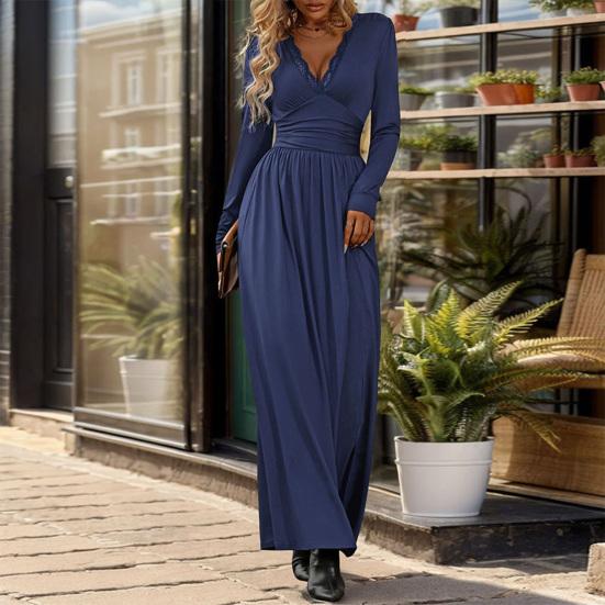 Осень-Весна Платье Кружева V-образным Вырезом С Длинными Рукавами Плиссированные Разделенный Подол Чистый Цвет Трапеции Большой Подол Slim Fit Полная Длина Платье Макси Для Свиданий