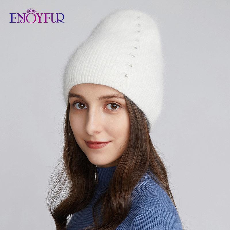Мягкая шапка ENJOYFUR, теплые зимние женские шапки, мягкая ангорская шерсть, вязаная шапка-бини, толстая двойная подкладка, повседневные шапки в русском стиле с черепом