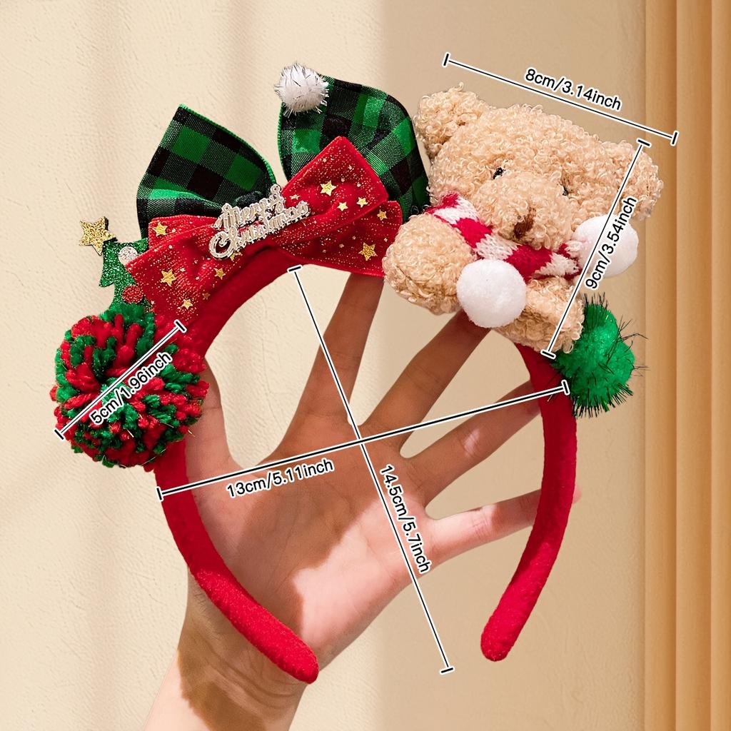1 шт. Милая рождественская повязка на голову с плюшевым мишкой и клетчатыми ушками, красным и зеленым бантом и помпоном - Мягкий удобный праздничный аксессуар для волос