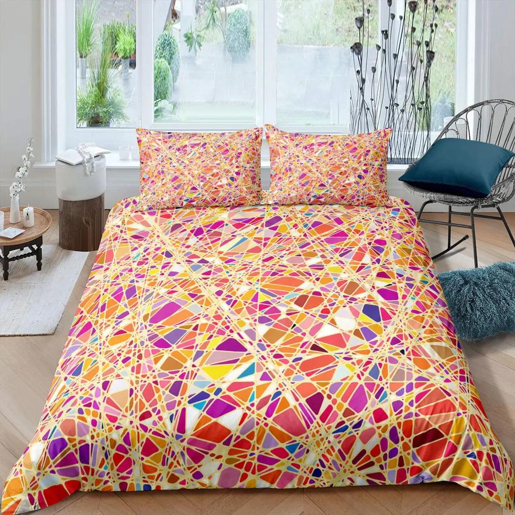 Red Glowing Polygonal Grid Pattern Bedding Set 135×200 Duvet Cover Set with Pillowcase 260×220 Quilt Cover Black Blanket Cover