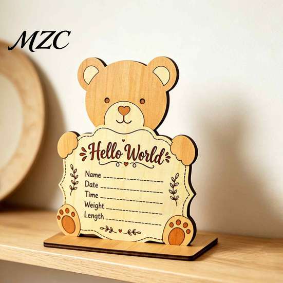 Wooden Baby Memory Sign Birth Announcement Sign, Cute Bear Hello World Newborn Welcome Personalized Name Plaque with Stand, Plaques for Photo