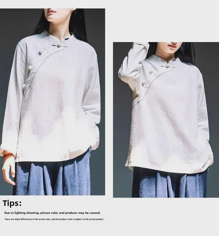 Женский хлопковый льняной топ в стиле ретро с длинными рукавами: Весна/Лето, облегающий крой, воротник-стойка/асимметричный