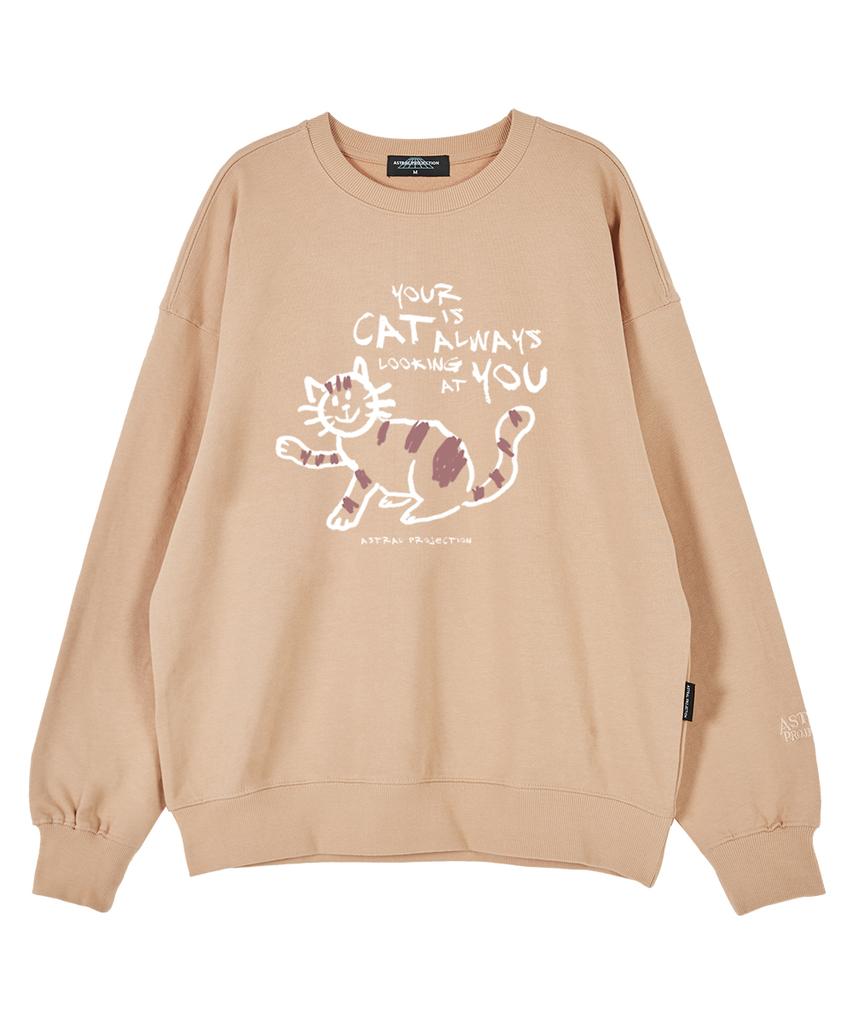 ASTRAL PROJECTION Doodle Cat Oversized Drop Shoulder Sweatshirt_Peach