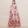 Women's Retro Court Style V-neck Dress with Lace-up Waist, Lantern Sleeves, Floral Print, and Large Hem - 2026 Collection