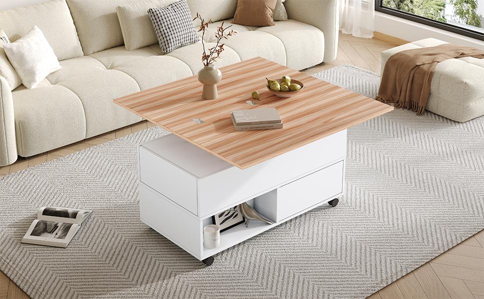 100*50*52cm Coffee Table with 4 Wheels, Living Room Table with 4 Drawers, Liftable Coffee Table, Height-Adjustable Sofa Table, White + Wood Color