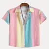 Summer Men's Colorful Striped Pattern Short Sleeved Slim Fit Shirt with Casual Button Collar Suitable for Beach and Daily Wear