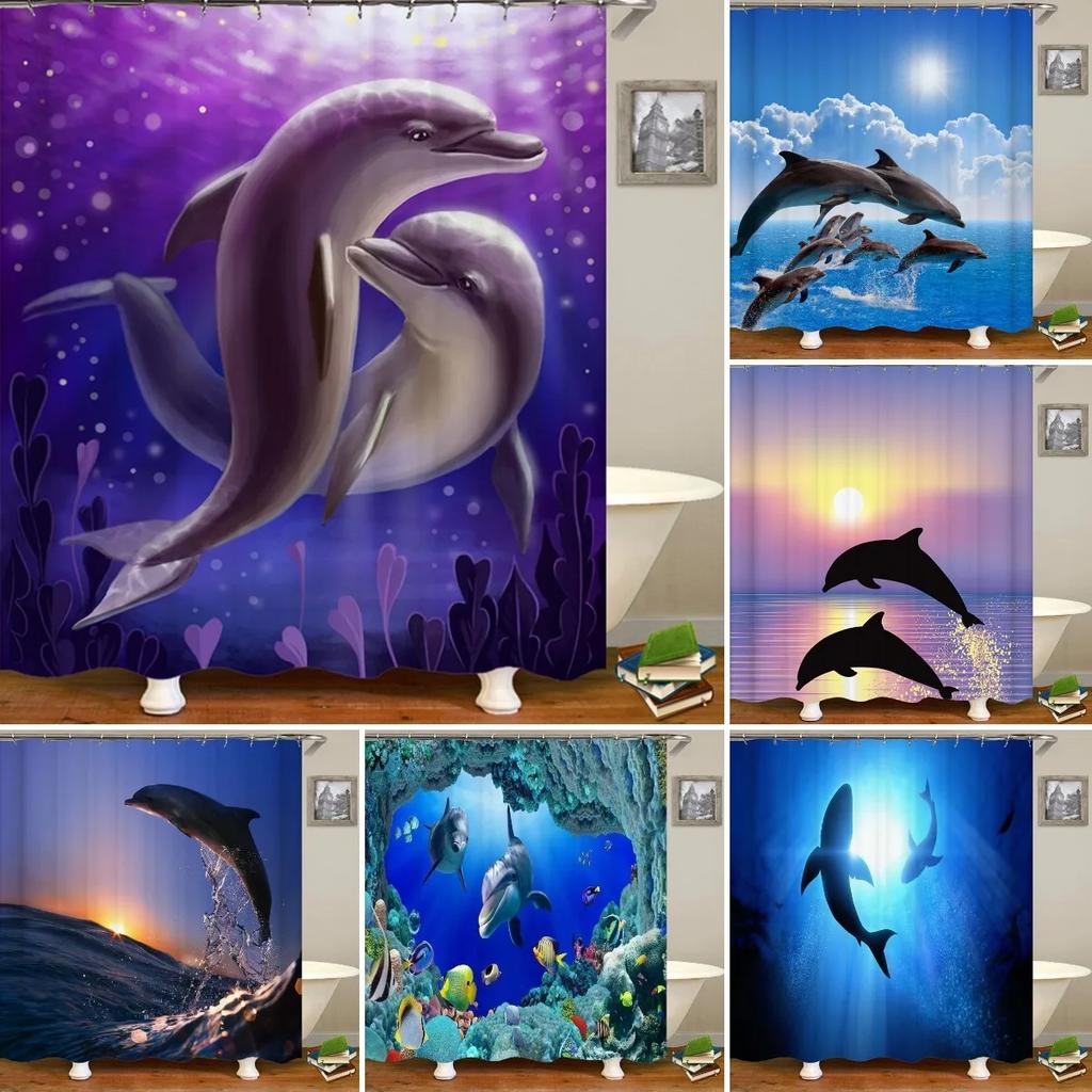 Подкладка для шторки для душа Ocean, Шторка для душа на морскую тематику с 12 крючками, Моющаяся водонепроницаемая шторка для душа с дельфинами для декора ванной комнаты