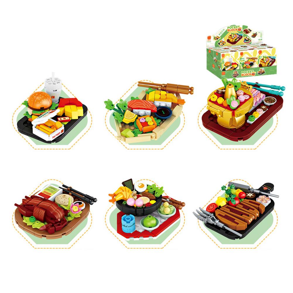 6 Box Food Building Blocks Toys Kids Pretend Play Hot Pot Steak Sushi Roast Duck Hamburger Building Blocks