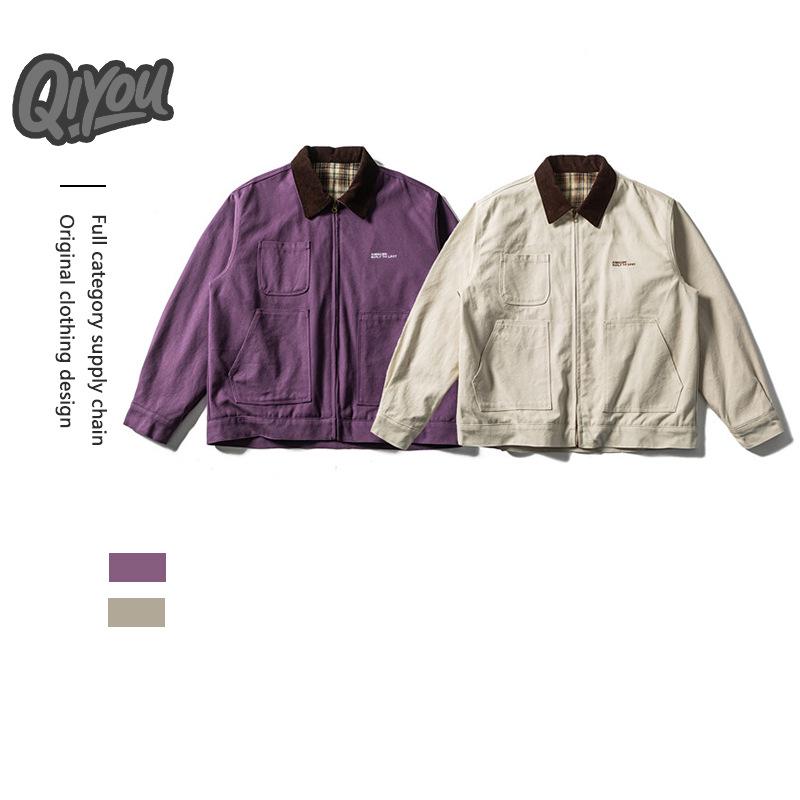 QIYOU 2025 Autumn Men's Japanese Retro Color Block Embroidered Lapel Jacket with Large Pockets