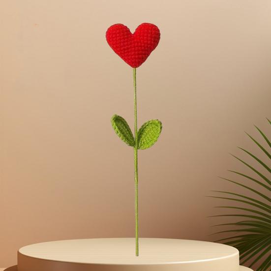 Crochet Heart Picks Handmade Knit Red Heart Bouquet with Green Leaves Valentine's Day Vase Filler for Table Centerpiece Home Decor