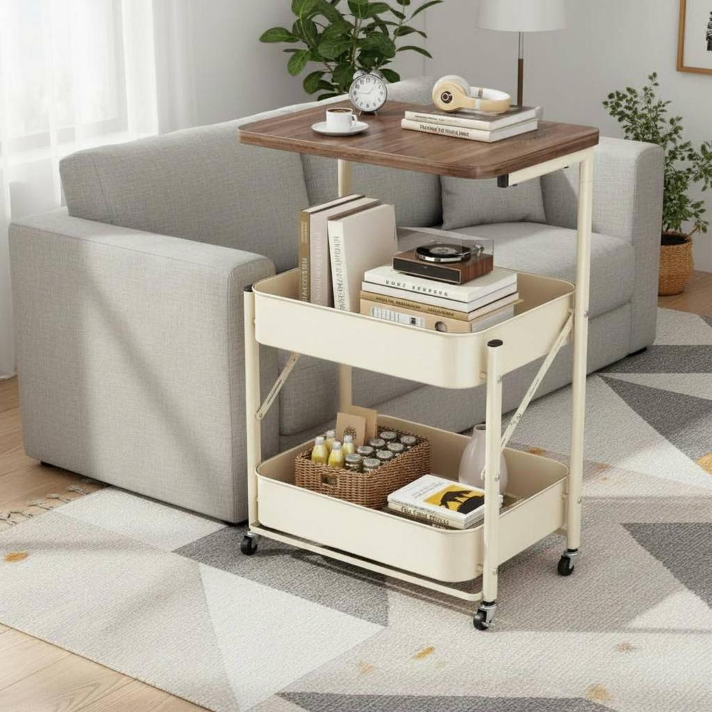 Mobile End Table with Storage Baskets 360-Degree Rotating Wheels Foldable