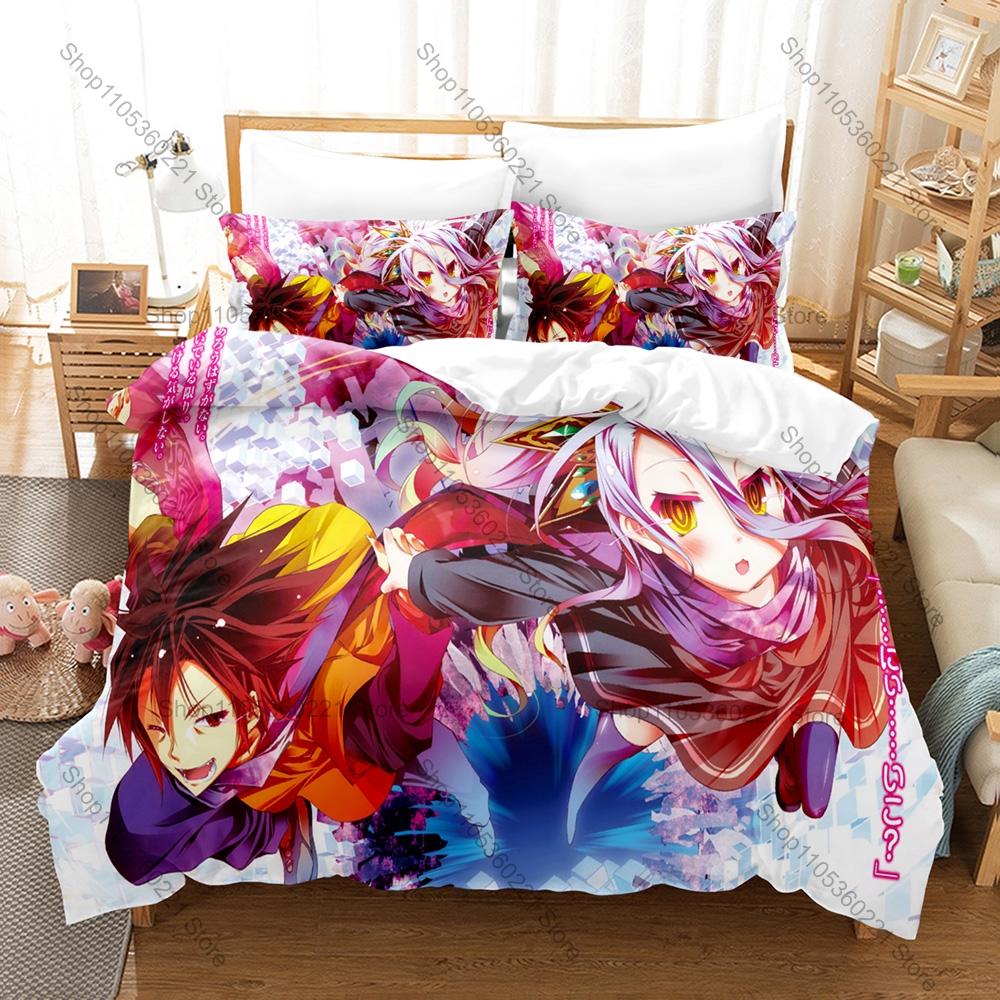 No Game No Life Duvet Cover + 2 Pillowcases, Classic Fantasy Anime Print Bedding Set Soft Fabric Decor Gift for Anime & Game