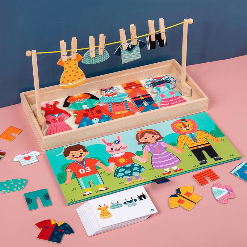 Wooden Dress Up Puzzles Montessori Toys Animal Bear Change Clothes Jigsaw Puzzle Box Matching Games Dressing Kid's Travel Set