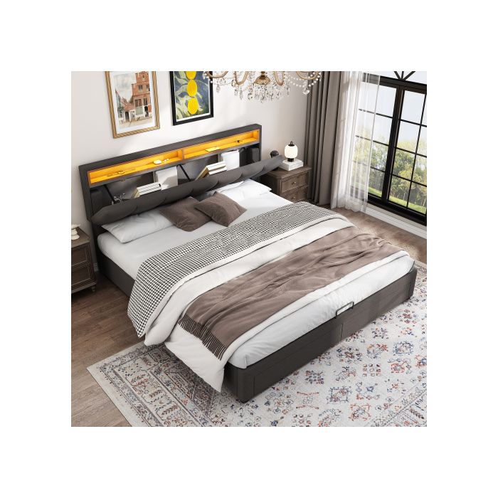 Lit double - MUVOE - 160x200 cm - Rembourré en lin - Éclairage LED - Gris intemporel