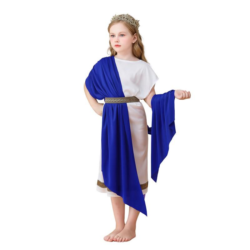Kids Greek Mythology Costume Roman Toga Dress Halloween Party Performance Cosplay Outfit Blue Red Green Brown