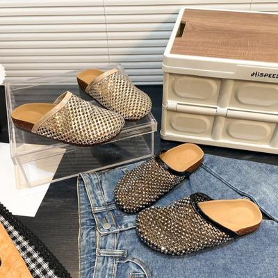 Летние женские туфли-мюли с закрытым носком, тапочки на плоской подошве, модные туфли-слайды с кристаллами, женская обувь в уличном стиле