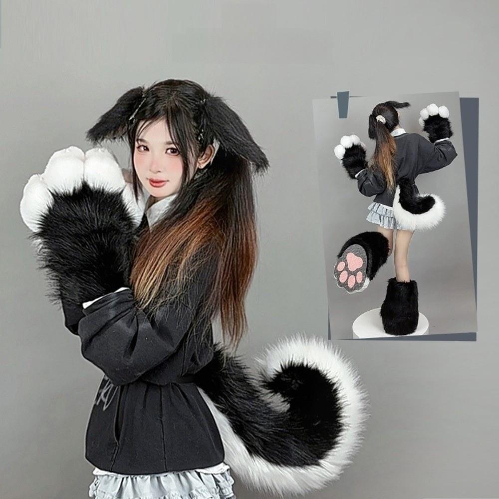 Furry Dog Ears Tail Set Rabbit Animal Ears Headband Plush Animal Tail Cosplay Costume