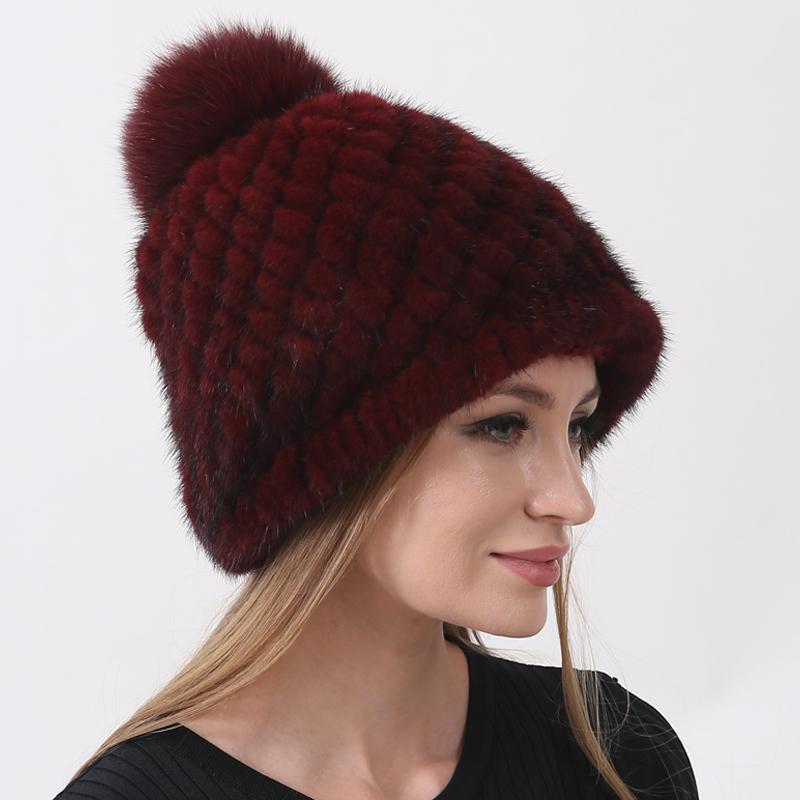 Natural Mink Fur Hats for Women Knitted Warm Thick Winter Hat