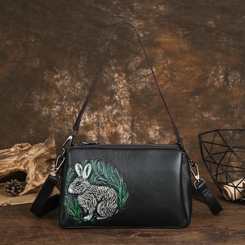 Johnature Rabbit Embossed Shoulder Bags Genuine Leather Retro Women Bag Versatile Cowhide Handmade Handbag