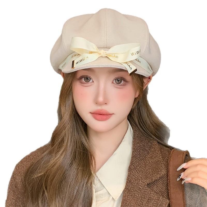 New big head circumference octagonal hat sweet bow beret femininity elegant face small bucket hat