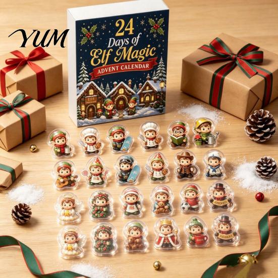 Desktop Festive Holiday Decor Magic Elf Advent Calendar, 24 Day Acrylic 2D Ornament Set with Durable Patches Cute Mini Figures, Christmas Tree Hanging