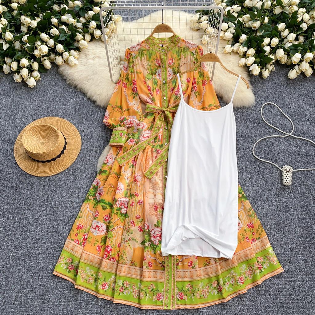 Женское винтажное элегантное макси-платье с воротником-стойкой и рукавами-фонариками на талии, однобортное, с принтом, длинное шифоновое платье