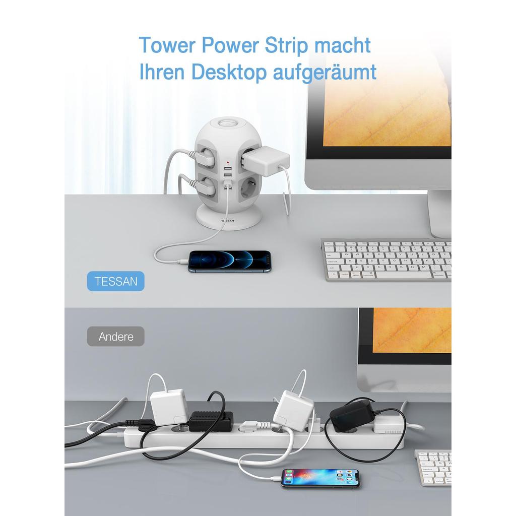 Tessan Башня с несколькими розетками и 3/4 USB-портами, удлинительный кабель 2 м, вертикальная вилка, электрическая розетка, защита от перенапряжения для дома