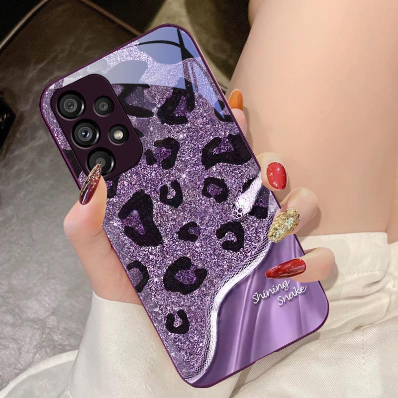 Чехол из закаленного стекла для Samsung Galaxy S10 4G S20 11E 30 S21 22 S24 Fe Pro S23 S25 Ultra 5G S9 с леопардовым пайеточным узором в виде змеи