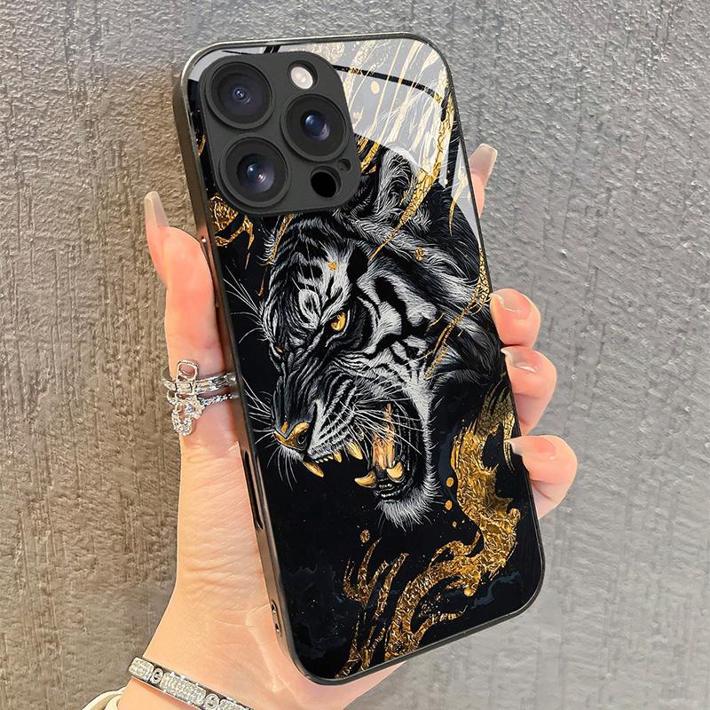 Модный Чехол из Закаленного Стекла с Золотым Рисунком Тигра для iPhone 17 16 15 Pro Max 14 13 12 11 17Air 16E 7 8 Plus XR XS X